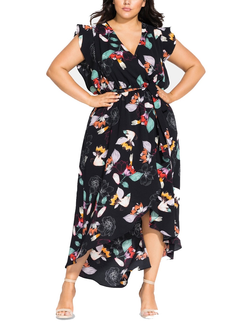 City Chic Plus Size Black Floral High-Low Wrap Dress